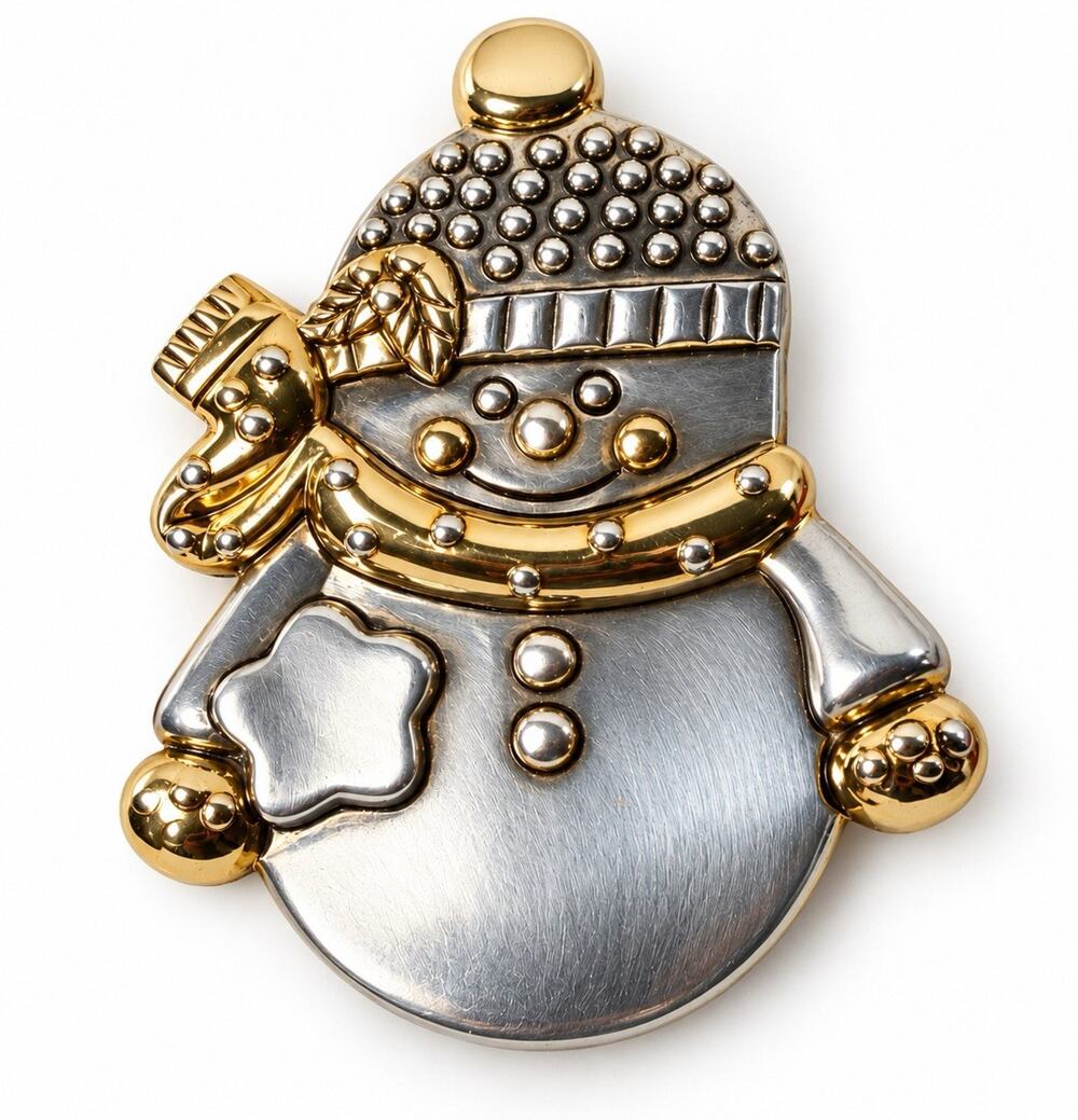 Vintage Two Tone Snowman Brooch Pin Silver Gold Tone Christmas Holiday